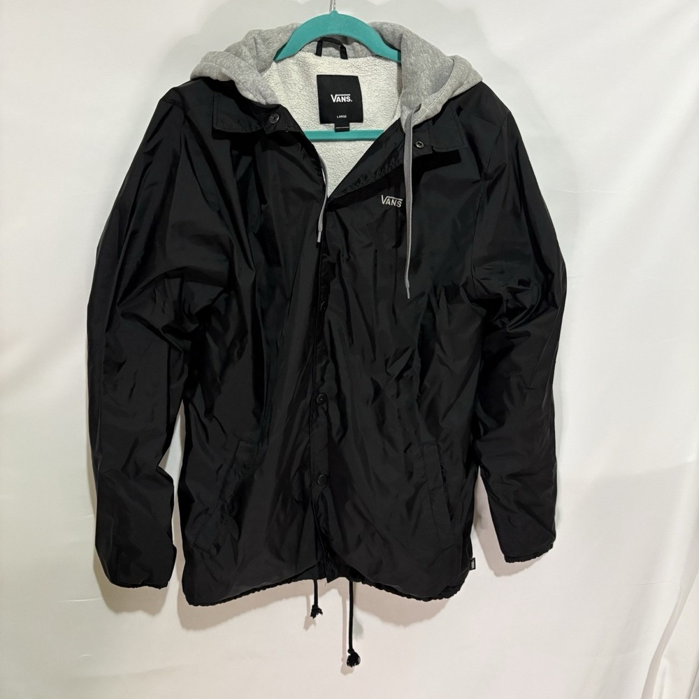 Vans Mens Black Hooded Jacket Snap Up Fleece Lined Windbreaker Large